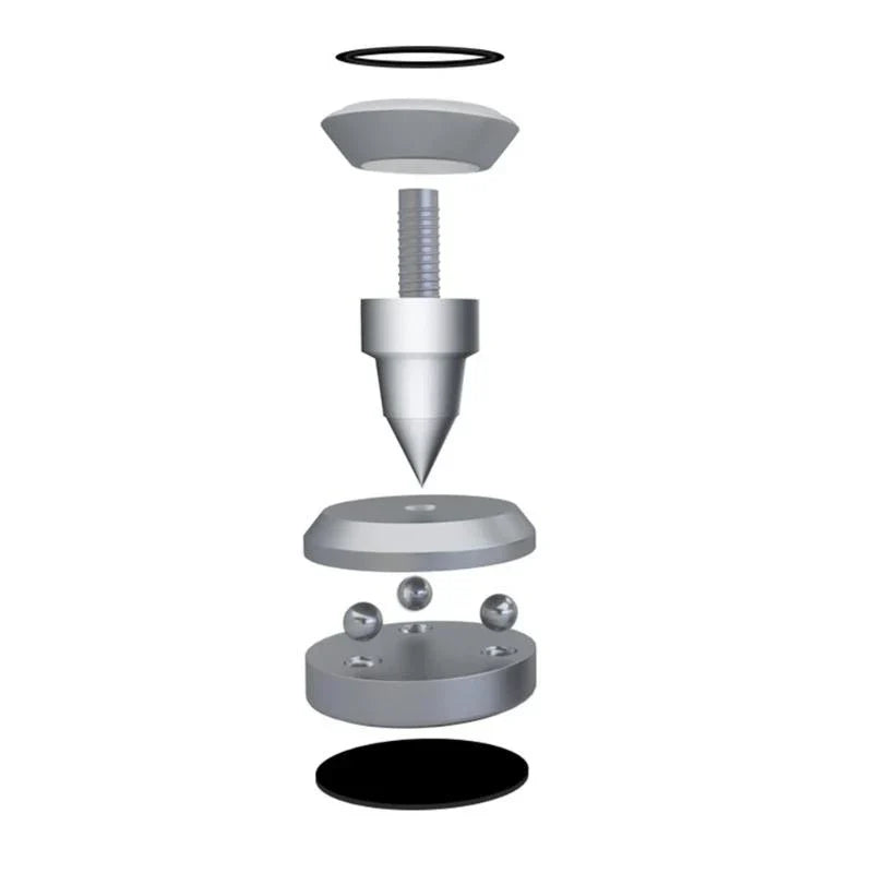 Silver metallic universal speaker isolation shockproof foot mat with threaded shaft and black rubberized foot pad components