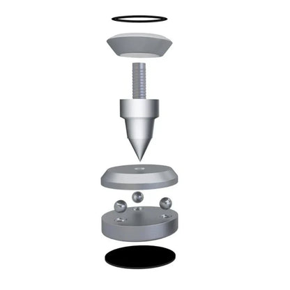 Silver metallic universal speaker isolation shockproof foot mat with threaded shaft and black rubberized foot pad components