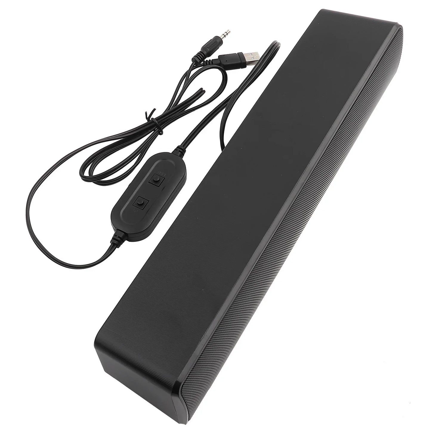 Black rectangular universal usb wired soundbar with textured grille 5mm input multi-compatible music player bass surround