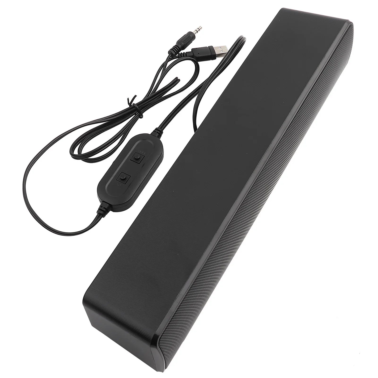 Black rectangular universal usb wired soundbar with textured grille 5mm input multi-compatible music player bass surround