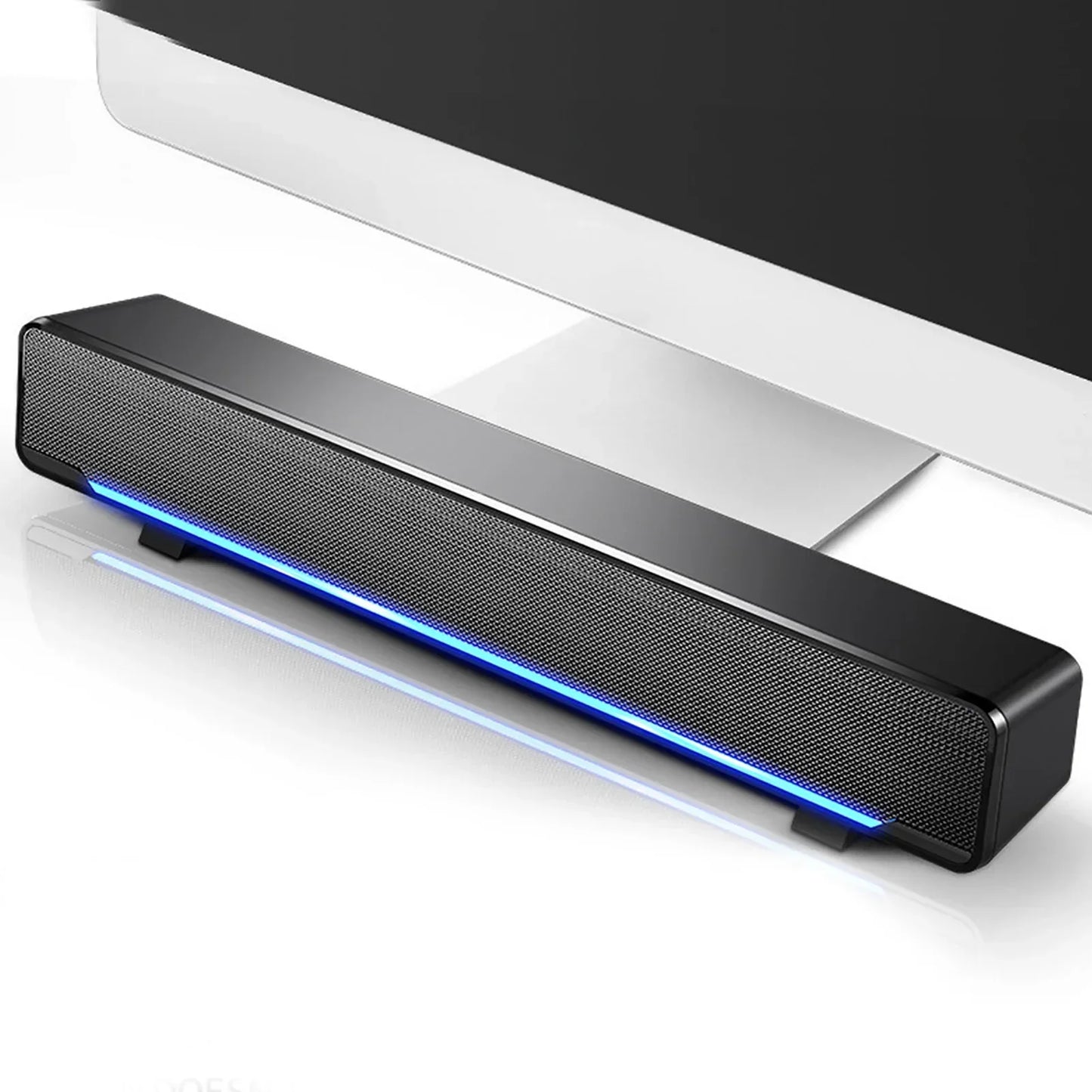 Black rectangular universal usb wired soundbar with textured grille and glowing blue led strip for 3.5mm input multi-compatible use
