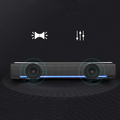 Black universal usb wired soundbar with textured grille, blue led strip, 3.5mm input multi-compatible music player bass surround speaker