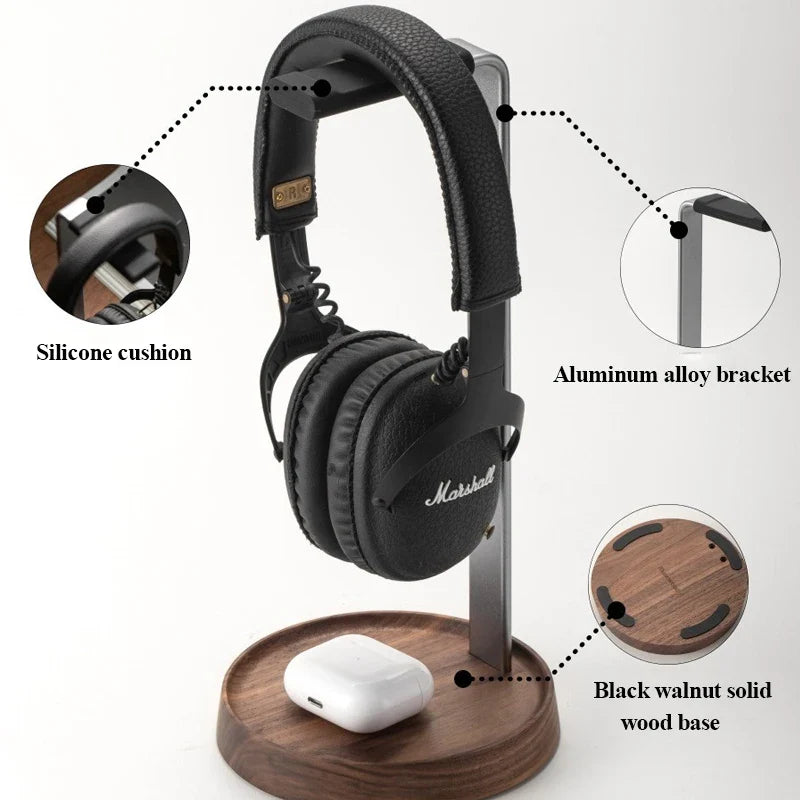 Black leather universal wooden headphones stand with aluminum alloy bracket and black walnut base for gaming headset holder hanger desktop use