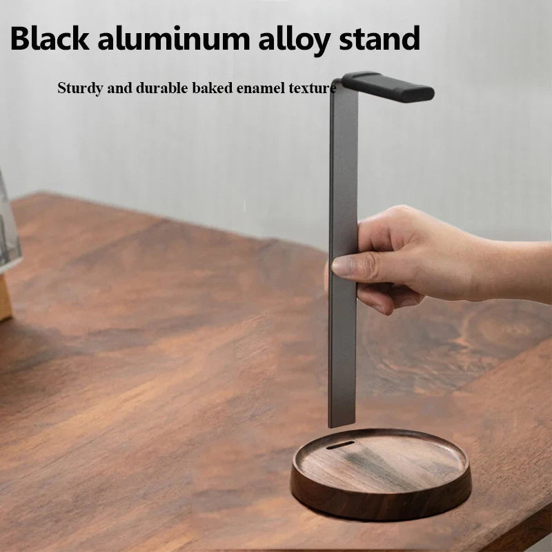 Black aluminum alloy gaming headset holder hanger desktop with sturdy durable baked enamel texture for universal wooden headphones