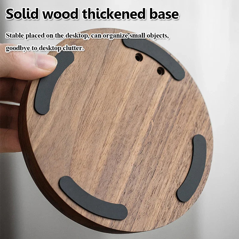 Circular solid wood thickened base with black rubber feet for stability on universal wooden headphones alloy gaming headset holder hanger desktop