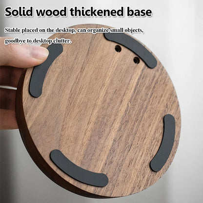 Circular solid wood thickened base with black rubber feet for stability on universal wooden headphones alloy gaming headset holder hanger desktop