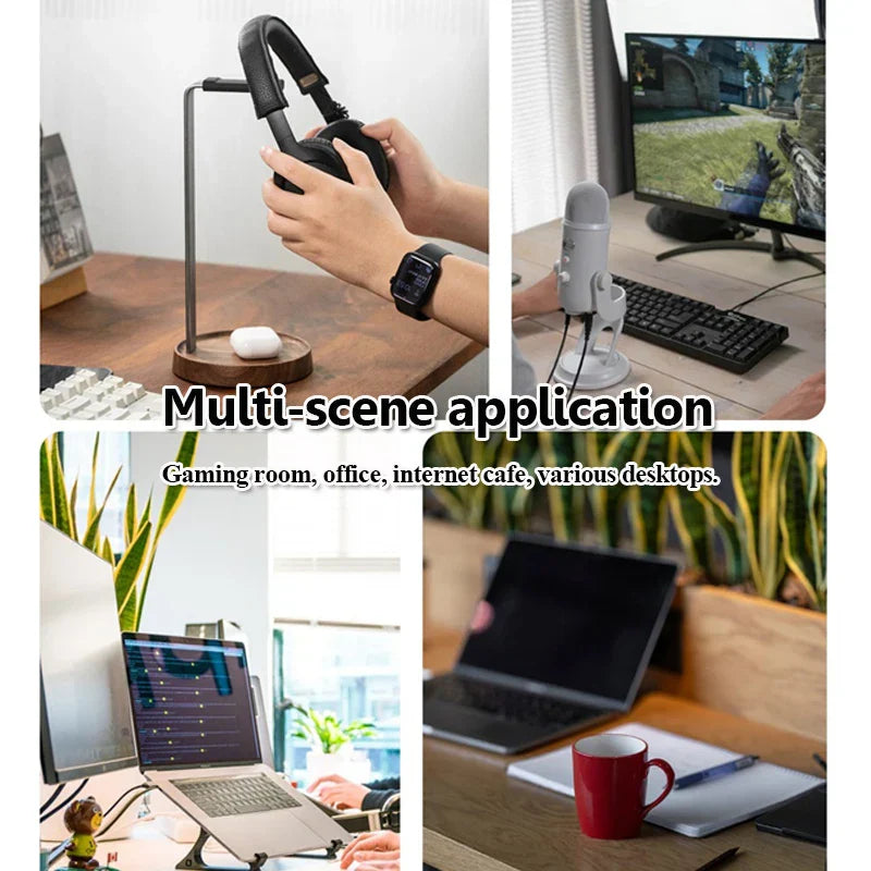 Black over-ear headphones with padded earcups displayed on a universal wooden headphones stand with alloy gaming headset holder hanger desktop in black walnut and aluminum alloy