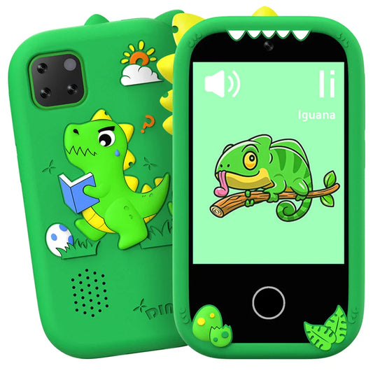 Green dinosaur-themed children phone with soft silicone case featuring raised 3d cartoon designs inch touch video recording for children brithday gifts