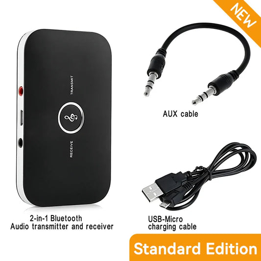 Black rectangular 2-in-1 bluetooth 5.3 audio transmitter receiver usb dongle music with 3.5mm aux jack and red led light