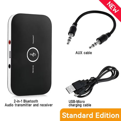 Black rectangular 2-in-1 bluetooth 5.3 wireless adapter with aux jack usb, silver button, red indicator, and headphone port dongle music wireless
