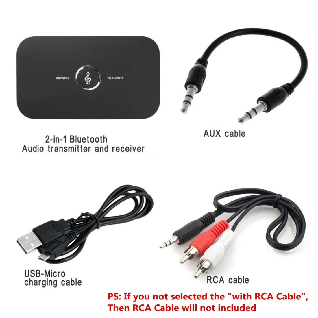 Black rectangular 2-in-1 bluetooth 5.3 audio transmitter receiver with silver musical note button wireless adapter aux jack usb dongle music wireless