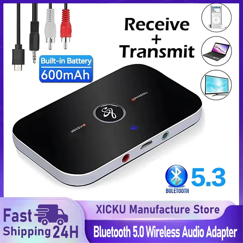 Black and silver bluetooth 5.3 wireless adapter with aux jack usb dongle music wireless design for car pc tv use