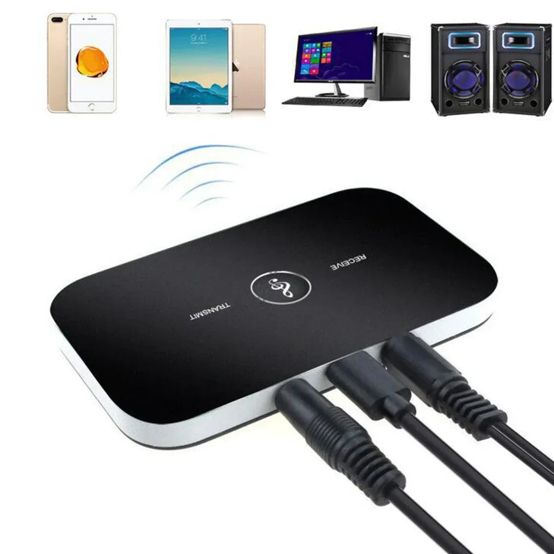 Black and white wireless adapter showing back with three black cables connected to aux jack usb dongle music wireless ports