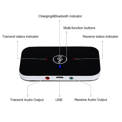 Black and white bluetooth 5.3 audio transmitter wireless adapter with aux jack usb dongle music wireless and medical logo