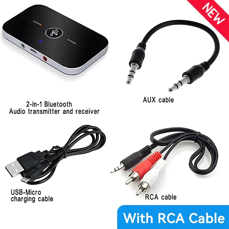 Black and silver 2-in-1 bluetooth 5.3 audio transmitter wireless adapter with aux jack usb dongle music wireless for car pc tv