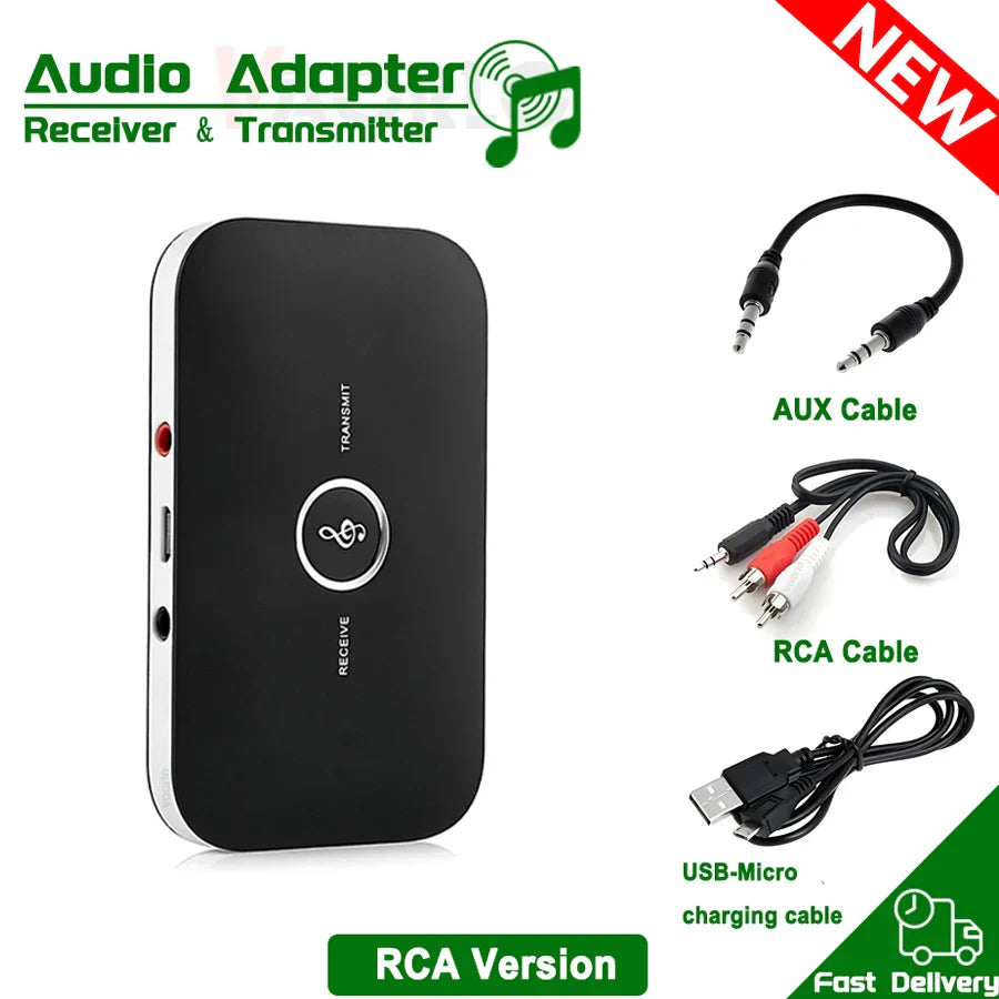 Black rectangular aux music wireless adapter with silver button and white trim for computer tv heaeds with 600mah battery
