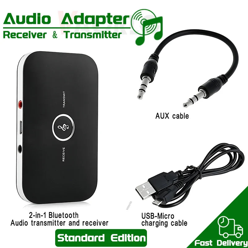 Black rectangular 2-in-1 bluetooth 5.3 aux music wireless adapter with silver button and cables for computer tv heaeds