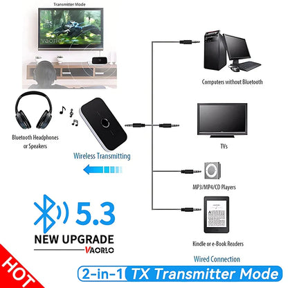 Black rectangular wireless adapter 600mah with silver accents and button for aux music wireless streaming on computer tv heaeds