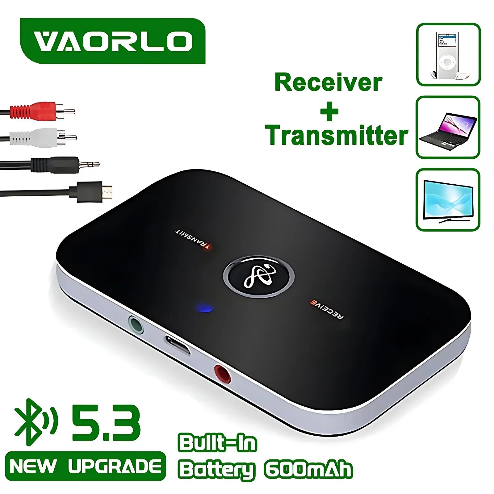 Black and silver vaorlo bluetooth 5.3 aux music wireless adapter 600mah battery for computer tv heaeds with circular logo