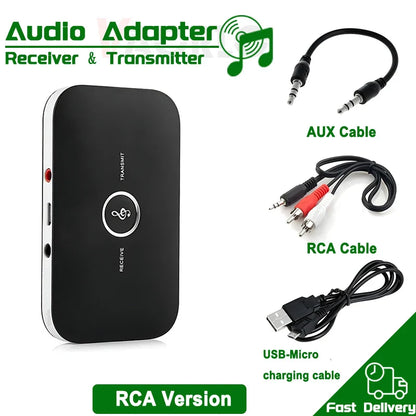 Black rectangular bluetooth 5.3 aux music wireless adapter with silver button and white trim for computer tv heaeds