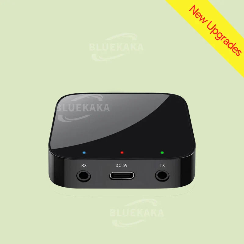 Black glossy bluetooth 5.4 audio receiver transmitter with usb-c port and three indicator lights for music wireless adapter