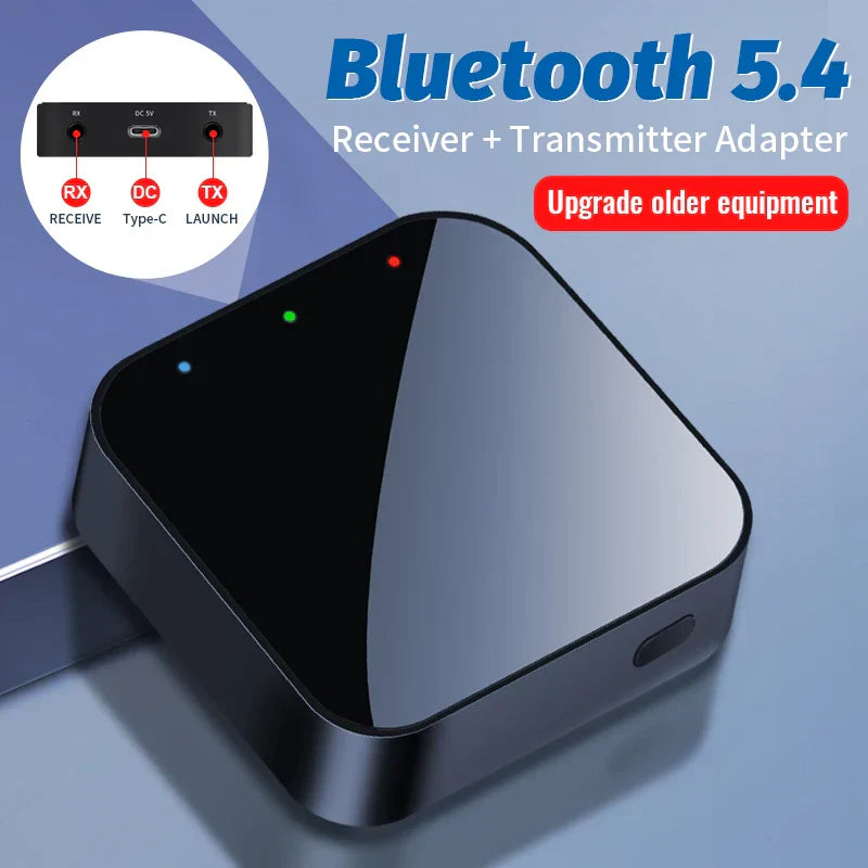 Black and silver upgraded bluetooth 5.4 audio receiver transmitter with indicator lights music wireless adapter for car pc tv