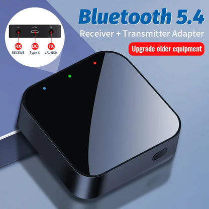 Black and silver upgraded bluetooth 5.4 audio receiver transmitter with indicator lights music wireless adapter for car pc tv