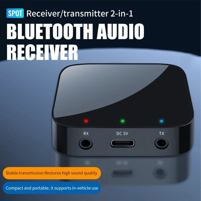 Black spot upgraded bluetooth 5.4 audio receiver transmitter with sleek glossy finish and three indicator lights for music wireless adapter use