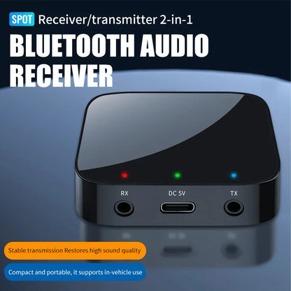 Black spot upgraded bluetooth 5.4 audio receiver transmitter with sleek glossy finish and three indicator lights for music wireless adapter use