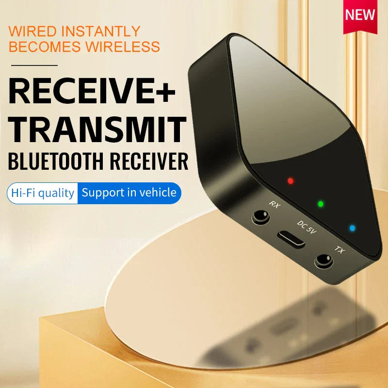 Black triangular upgraded bluetooth 5.4 audio receiver transmitter with red green and blue indicator lights for music wireless adapter