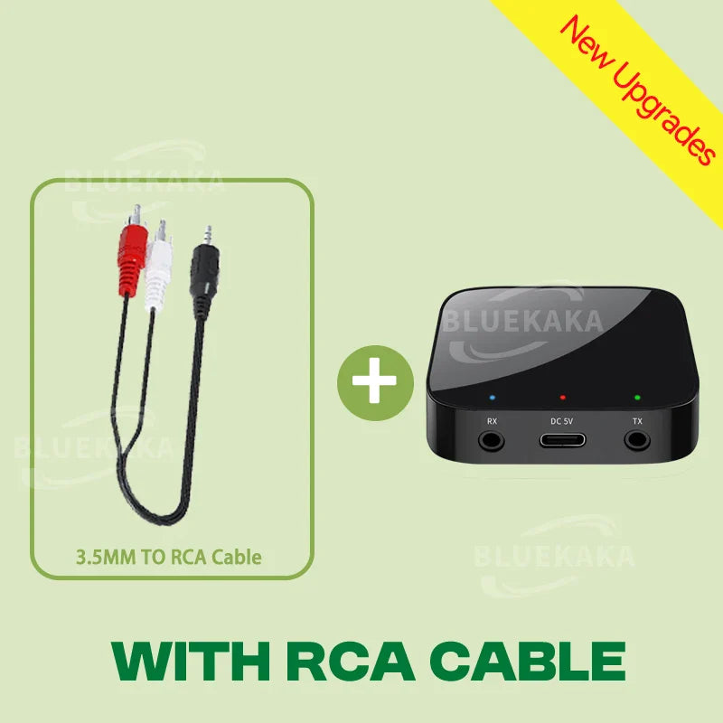 Black bluekaka upgraded bluetooth 5.4 audio receiver transmitter with rx tx ports and usb-c power input back view