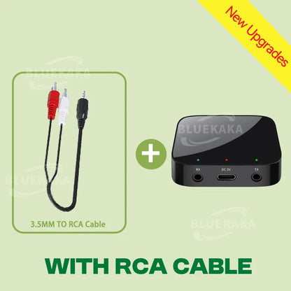 Black bluekaka upgraded bluetooth 5.4 audio receiver transmitter with rx tx ports and usb-c power input back view