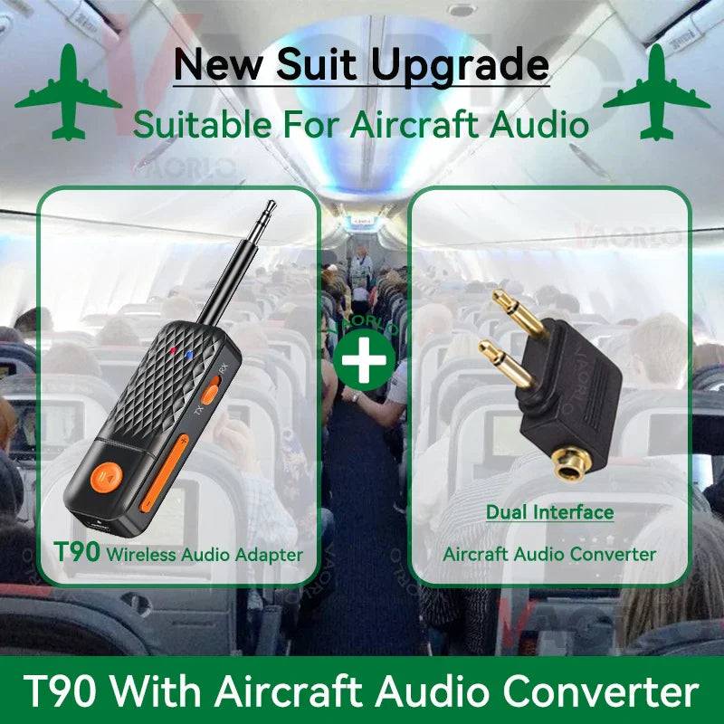 Black and orange t90 wireless audio adapter with textured grip surface featuring mic hifi stereo for stereo music wireless use