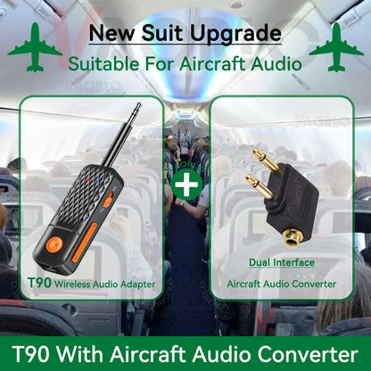 Black and orange t90 wireless audio adapter with textured grip surface featuring mic hifi stereo for stereo music wireless use