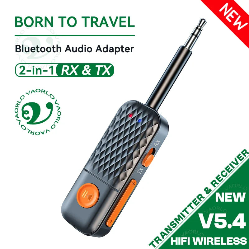 Black and orange diamond-patterned vaorlo v5.4 wireless audio adapter with 3.5mm jack mic hifi stereo music transmitter receiver