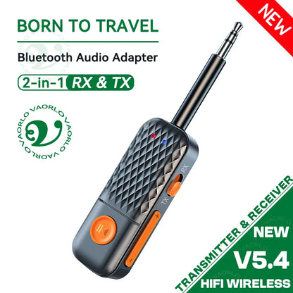 Black and orange diamond-patterned vaorlo v5.4 wireless audio adapter with 3.5mm jack mic hifi stereo music transmitter receiver