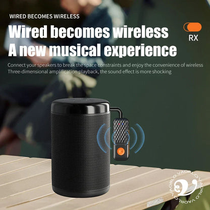 Black cylindrical wireless speaker with textured grille and matching receiver wireless audio adapter with mic hifi stereo