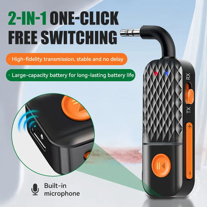 Black and orange wireless audio adapter with l-shaped 3.5mm jack mic hifi stereo control buttons and indicator lights