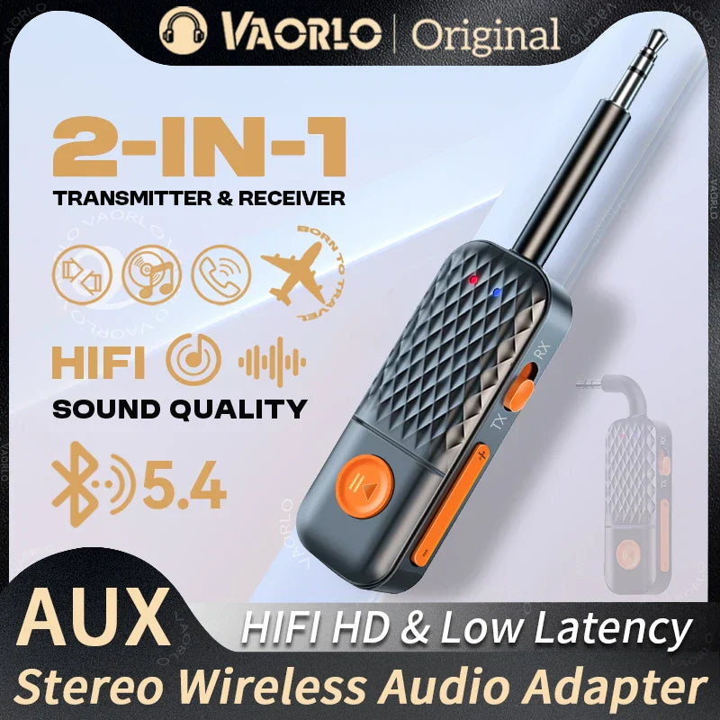 Black and orange textured 2-in-1 bluetooth 5.4 wireless audio adapter with mic hifi stereo aux input for tv pc car