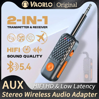 Black and orange textured 2-in-1 bluetooth 5.4 wireless audio adapter with mic hifi stereo aux input for tv pc car
