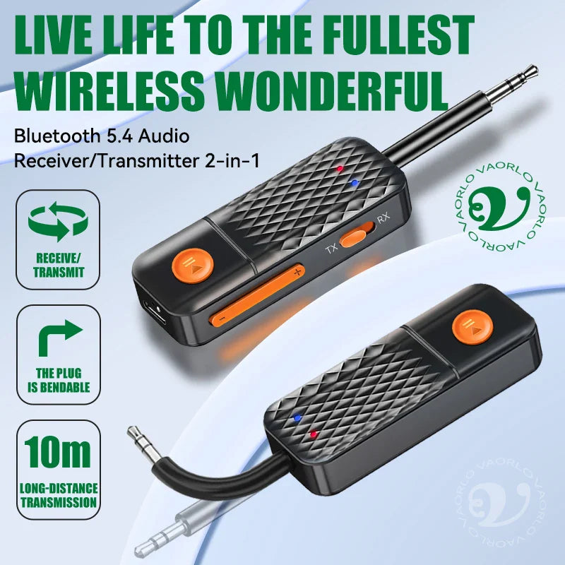 Black textured bluetooth 5.4 stereo music wireless audio adapter with orange buttons and bendable plug for mic hifi stereo use