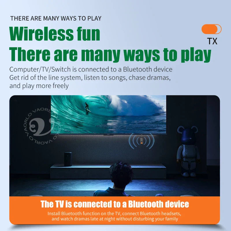 A sleek modern black wireless audio adapter with mic hifi stereo sits on a minimalist stand in front of a tv screen