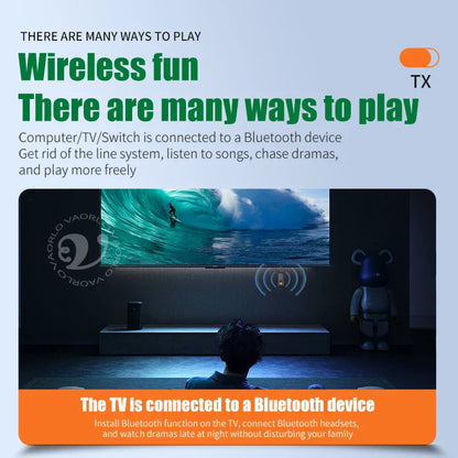 A sleek modern black wireless audio adapter with mic hifi stereo sits on a minimalist stand in front of a tv screen