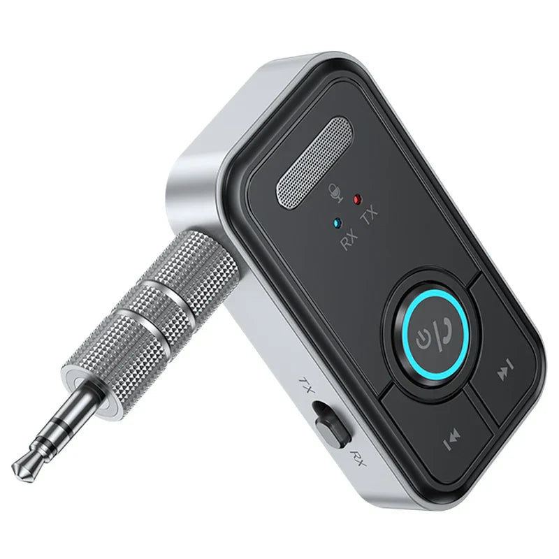 Silver and black upgraded bluetooth 5.4 car aux audio adapter hifi with textured 3.5mm jack and wireless receiver transmitter