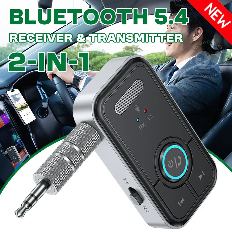 Black and silver upgraded bluetooth 5.4 audio adapter hifi with textured metallic connector and blue light wireless receiver transmitter