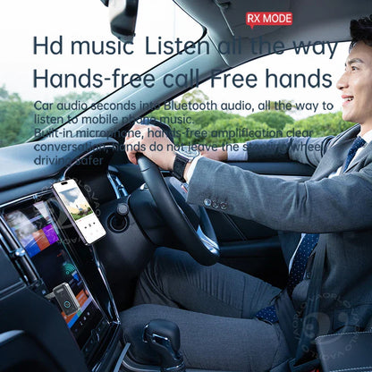 Black smartphone on car dashboard displaying upgraded bluetooth 5.4 wireless receiver transmitter audio adapter hifi interface
