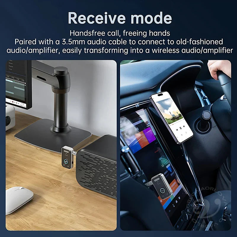 Compact black upgraded bluetooth 5.4 audio adapter hifi wireless receiver transmitter with 3.5mm jack for car kits