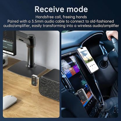 Compact black upgraded bluetooth 5.4 audio adapter hifi wireless receiver transmitter with 3.5mm jack for car kits