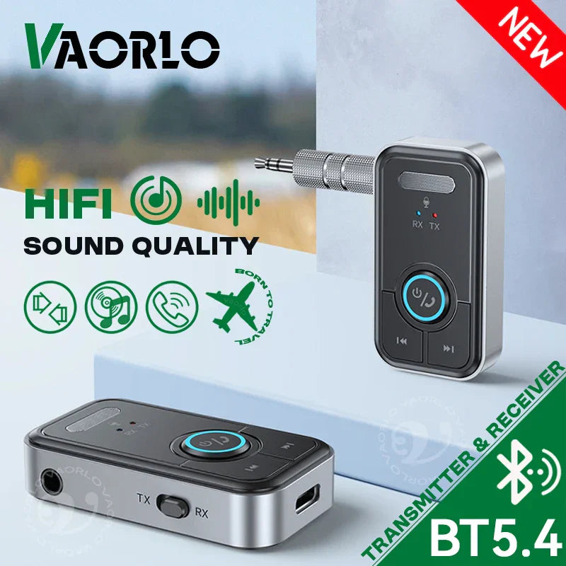 Silver and black Vaorlo upgraded Bluetooth 5.4 wireless receiver transmitter audio adapter HiFi with metallic finish and blue LED control button