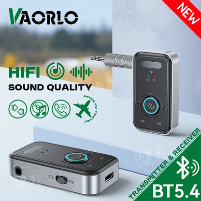 Silver and black Vaorlo upgraded Bluetooth 5.4 wireless receiver transmitter audio adapter HiFi with metallic finish and blue LED control button